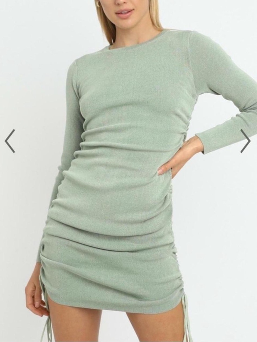Lioness Light Sage Green Ruched Knit Long Sleeve Mini Dress